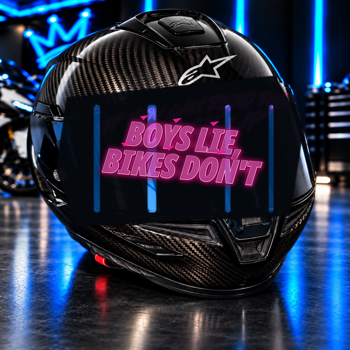 Boys Lie, Bikes Don’t Decal on carbon fiber motorcycle helmet in blue neon garage