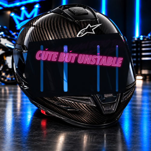Cute But Unstable Decal on carbon fiber motorcycle helmet in blue neon garage