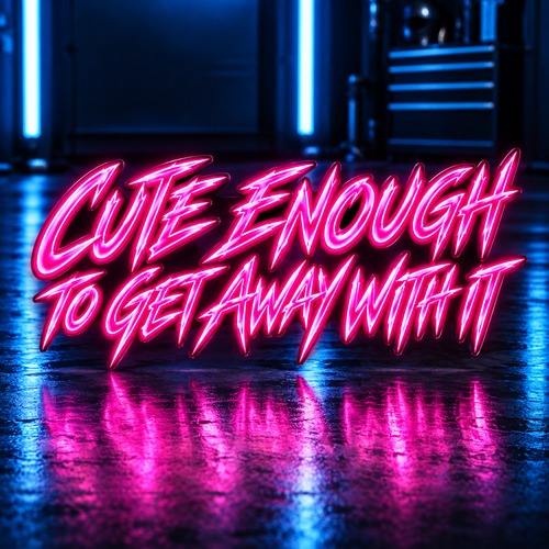 Cute Enough To Get Away With It Decal neon pink decal on blue garage backdrop
