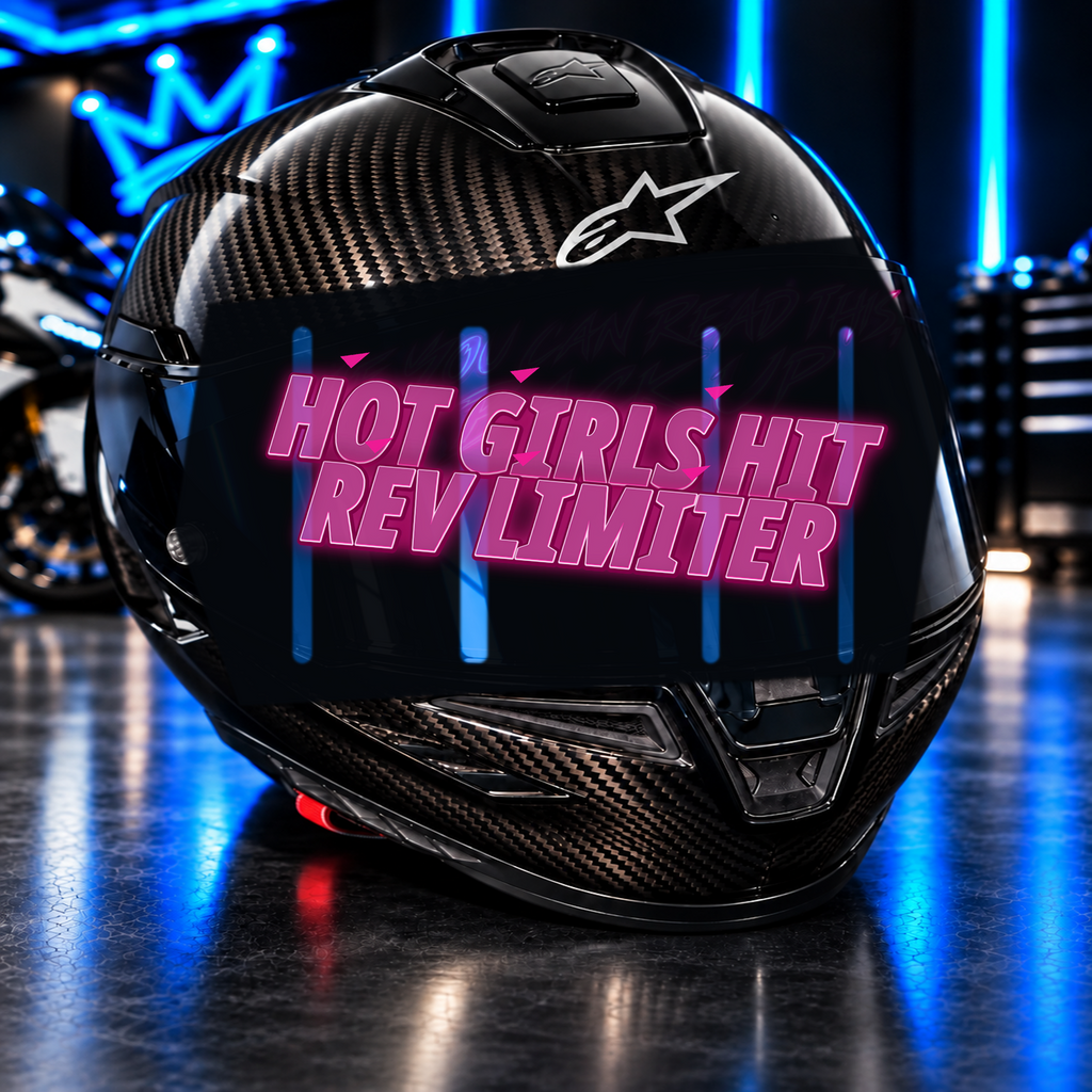 Hot Girls Hit Rev Limiter Decal on carbon fiber motorcycle helmet in blue neon garage