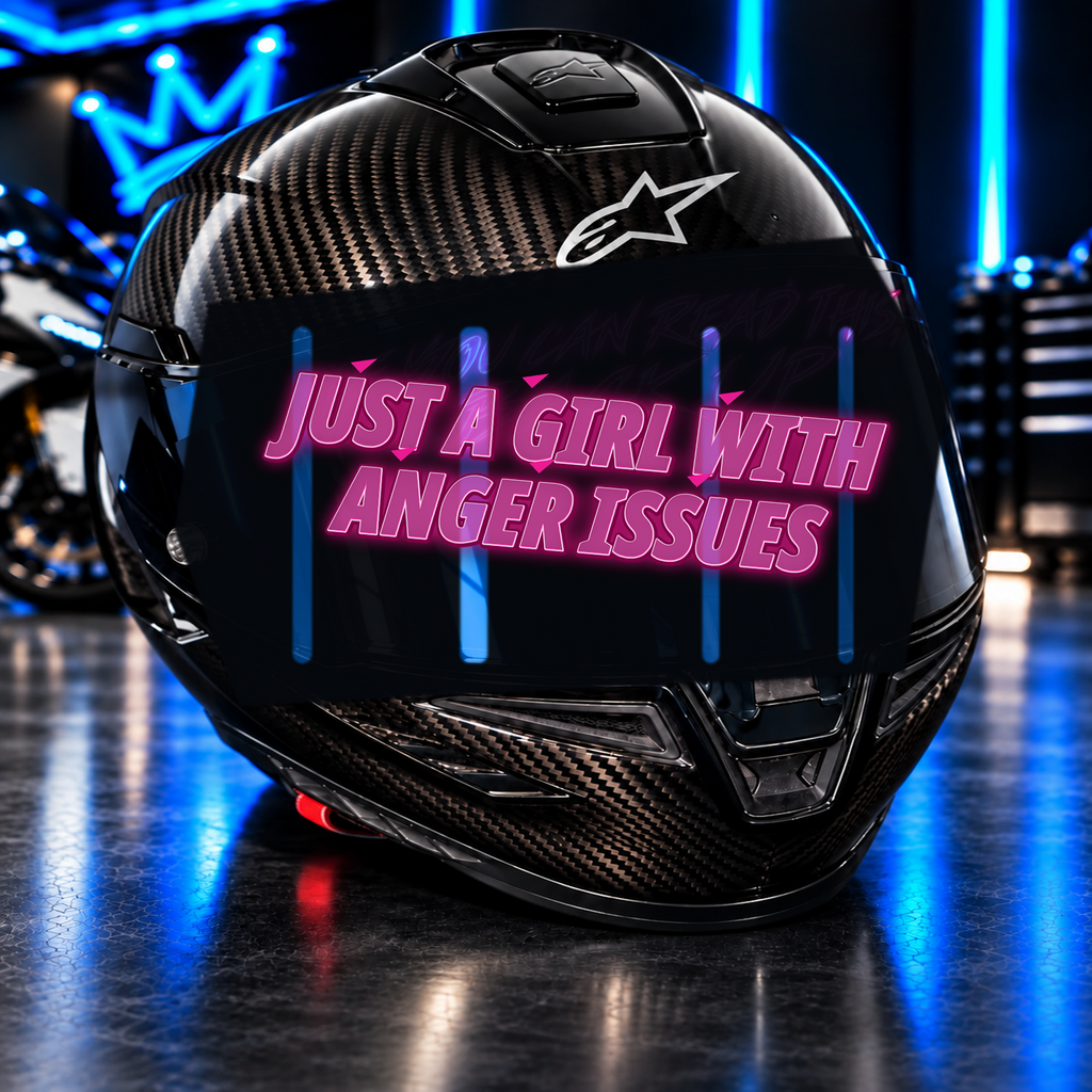 Just A Girl With Anger Issues Decal on carbon fiber motorcycle helmet in blue neon garage