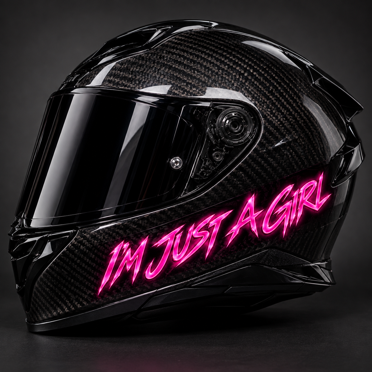 I'm Just A Girl decal on carbon fiber motorcycle helmet