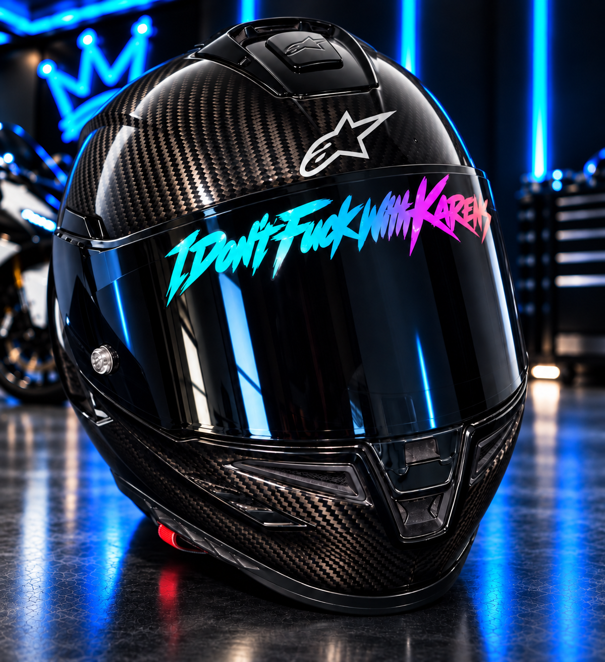I Don't Fuck With Karens decal on carbon fiber motorcycle helmet