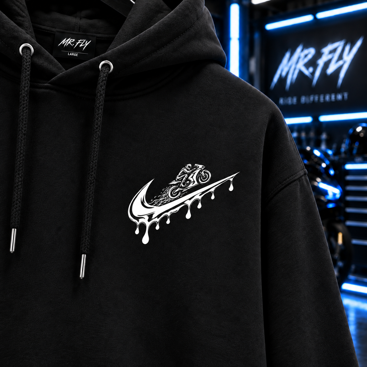 Close-up of small white rider swoosh chest graphic on MR. FLY hoodie