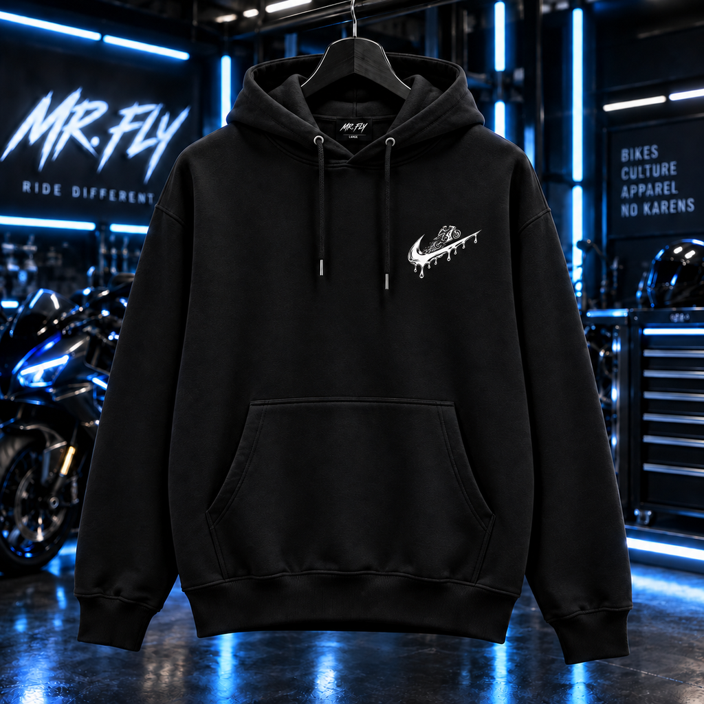 MR. FLY black heavyweight hoodie front with small white rider swoosh chest graphic