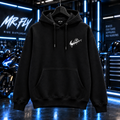 MR. FLY black heavyweight hoodie front with small white rider swoosh chest graphic