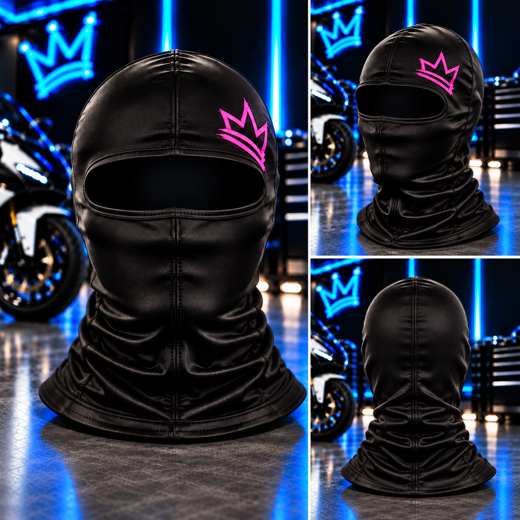 Mrs. FLY black silk balaclava with pink crown multiple views