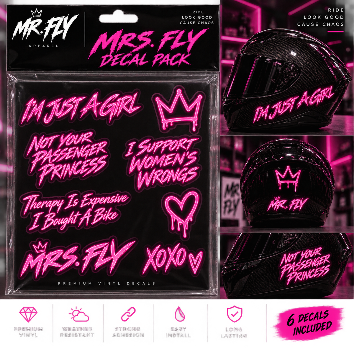 Mrs. FLY neon pink motorcycle decal pack