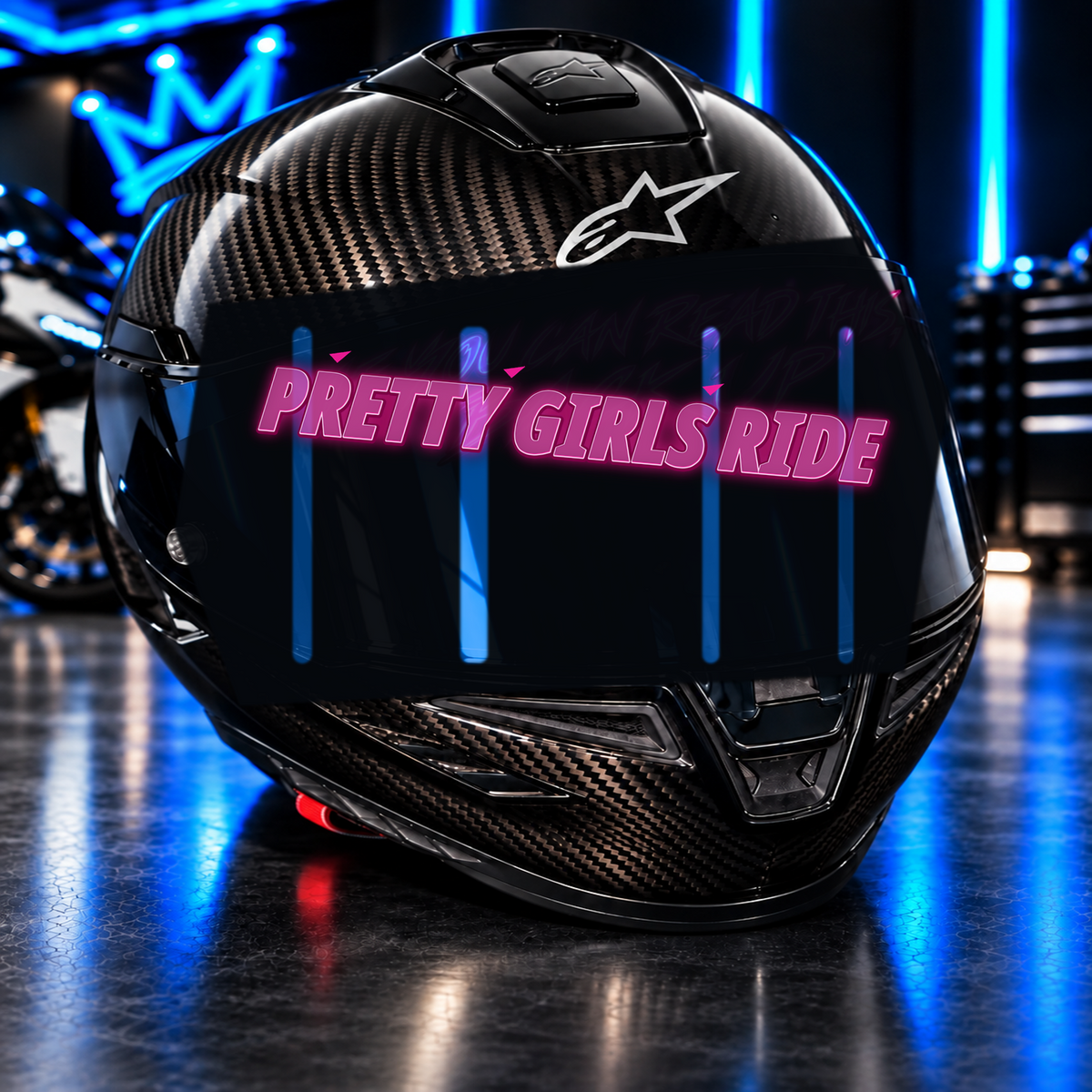 Pretty Girls Ride Decal on carbon fiber motorcycle helmet in blue neon garage