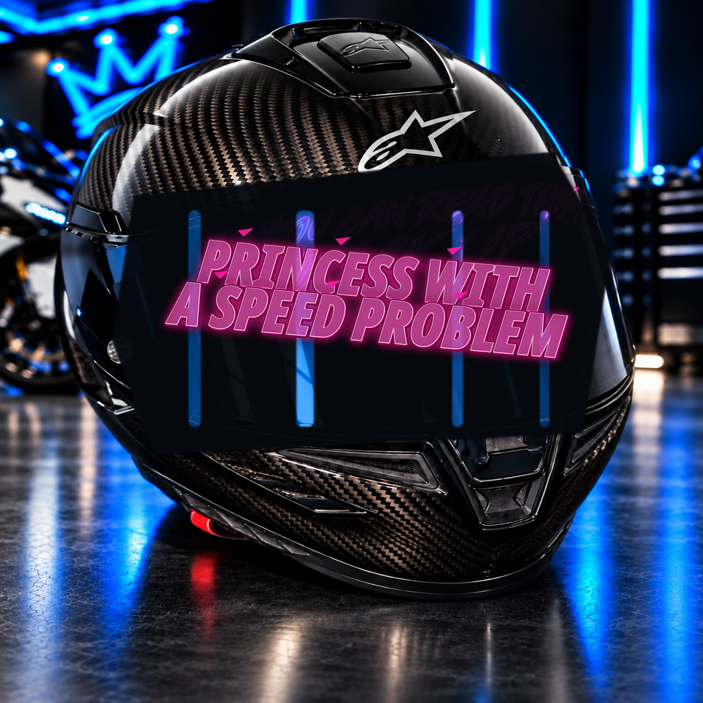 Princess With A Speed Problem Decal on carbon fiber motorcycle helmet in blue neon garage