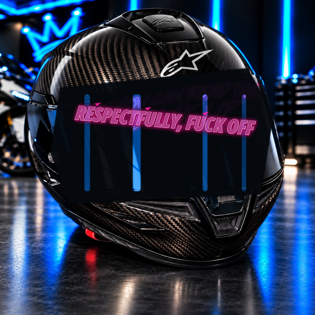 Respectfully, Fuck Off Decal on carbon fiber motorcycle helmet in blue neon garage