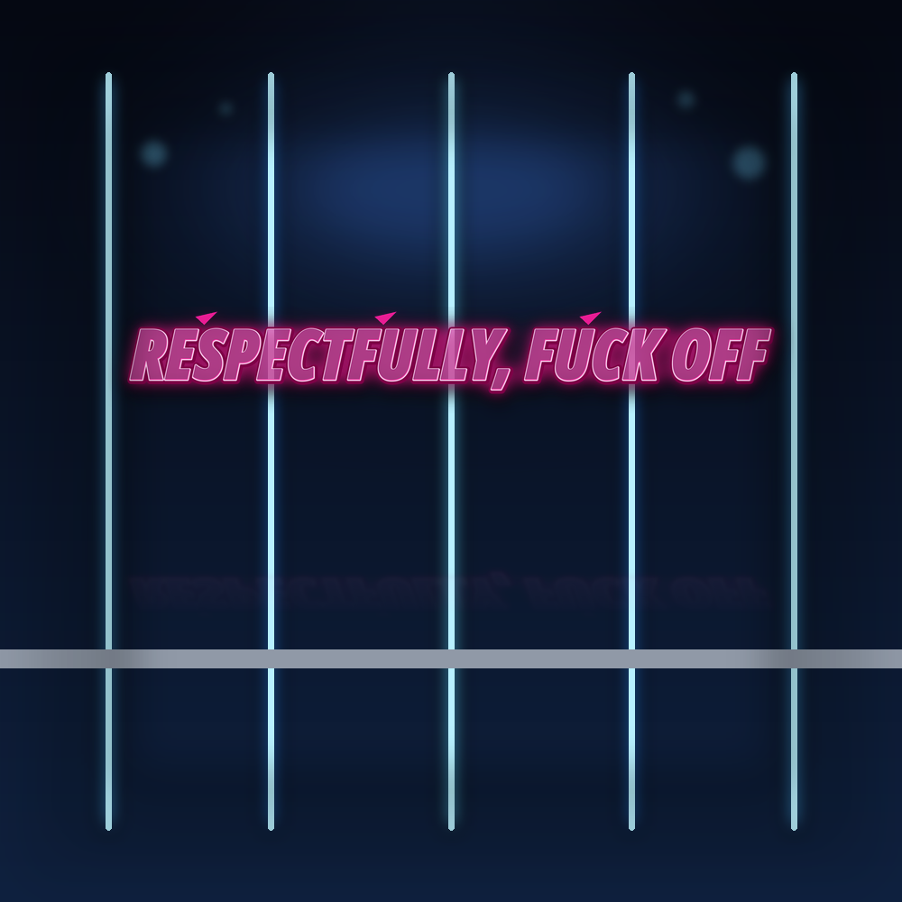 Respectfully, Fuck Off Decal neon pink decal on blue neon garage backdrop